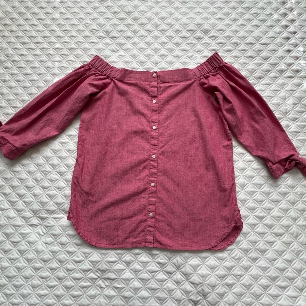 Banana Republic Factory Pink Chambray Button Down Back Off The Shoulder Top Sz S - Picture 14 of 15